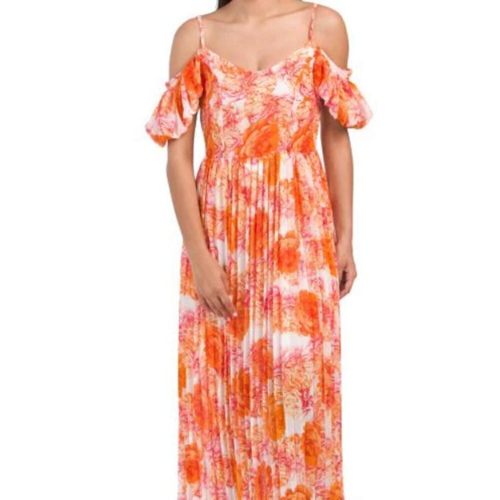 NWT Dalia Mac Phee Cold shoulder floral pleated skirt maxi dress, Size Small